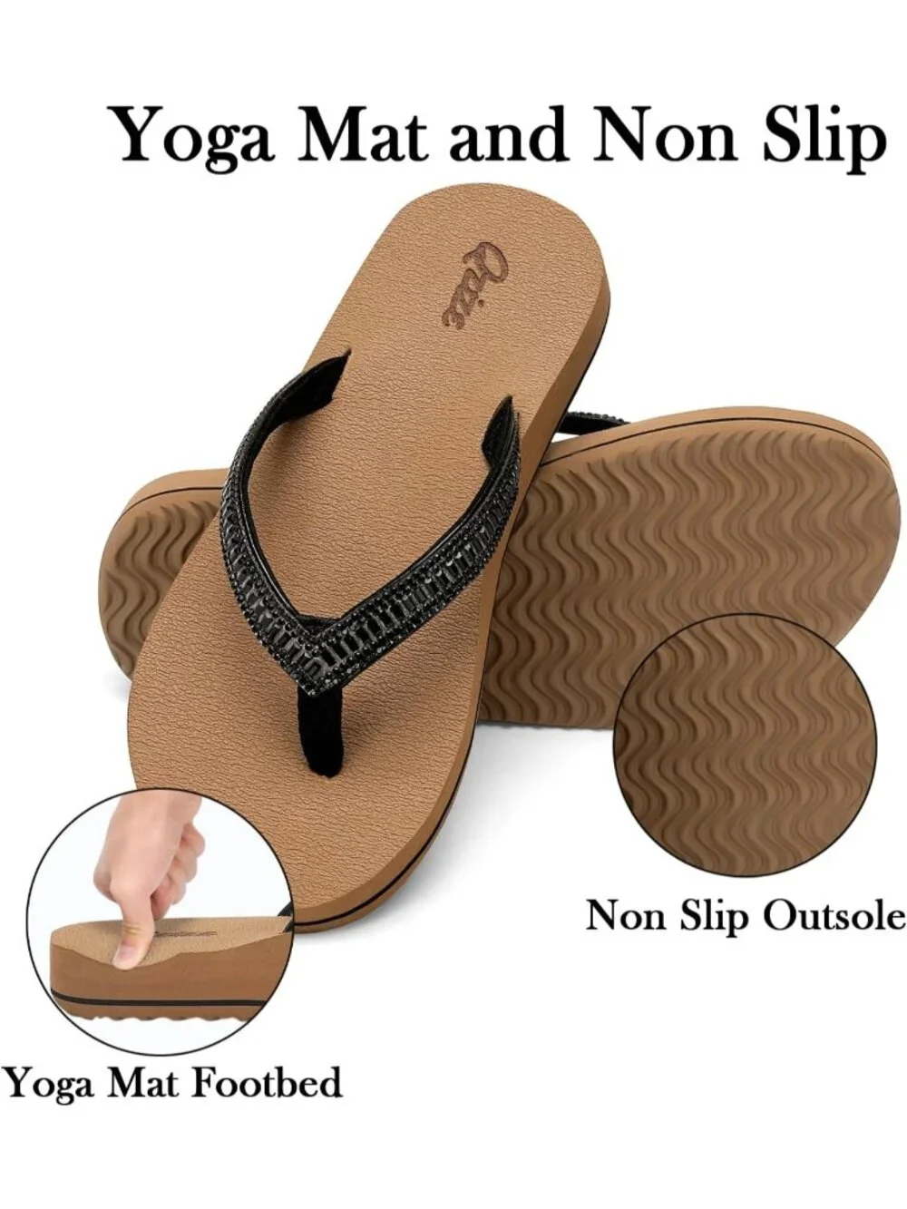 Women's Black Khaki Summer Comfortable Flip Flops with Rhinestone Thong Sandals